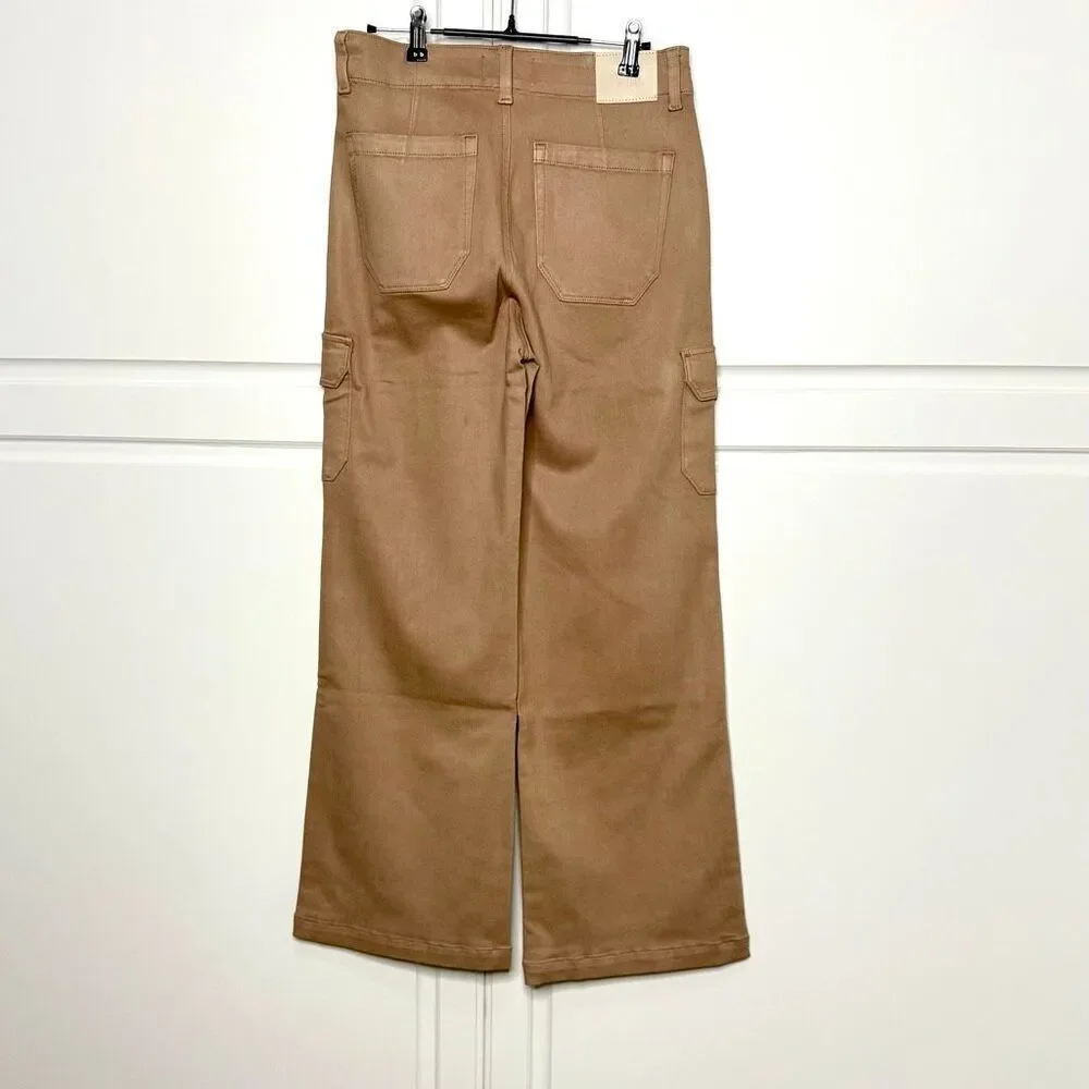 NWT PAIGE Carly Coated High Waist Wide Leg Jeans in latte Size 27